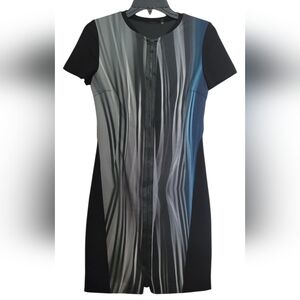 Elie Tahari Black, Gray and Blue Gradient Stripes Pattern Dress